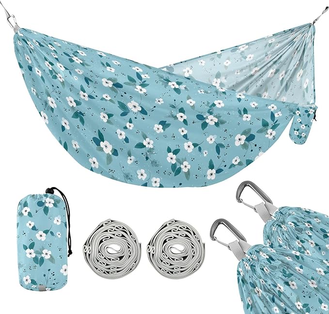 Camping Hammock Outdoor Hammocks for Outside Blue White Floral Cute Beach Trees Portable Lightweight with Pockets Tree Straps Indoor