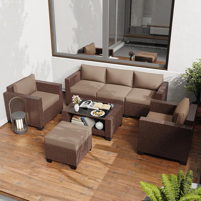 KIGOTY Patio Furniture Set 7 PCS Patio Conversation Sets, All-Weather PE Rattan Outdoor Sectional Sofa with Cushion and 2- Tier Glass Coffee Table（Brown/Camel）