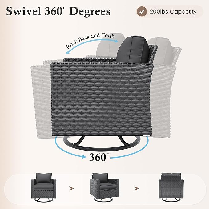 Amopatio Patio Furniture Set, 6-Piece Wicker Outdoor Sectional Sofa with Swivel Rocker Chairs, Rattan Conversation Set with Fire Pit Table and Waterproof Cover for Backyard Black/Dark Grey