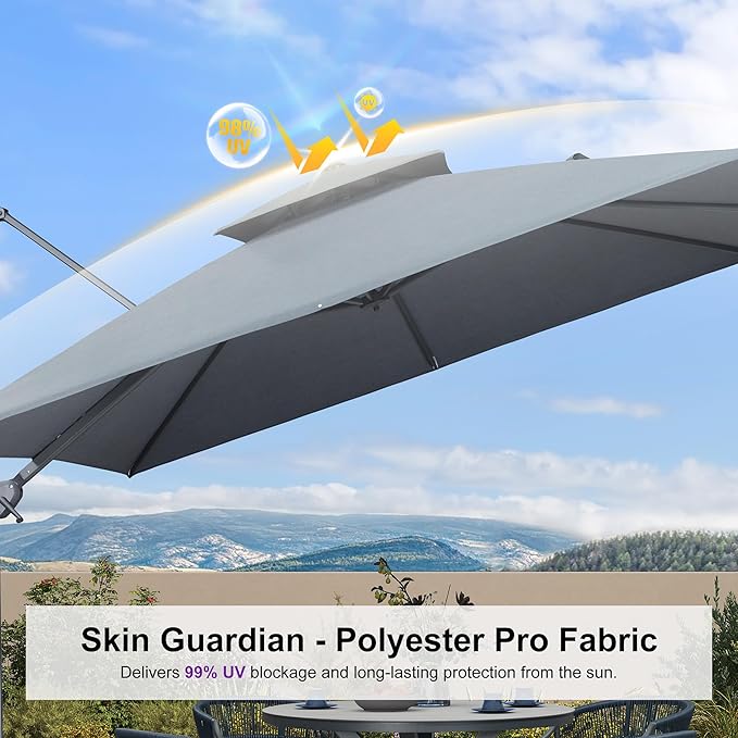 PURPLE LEAF 10 FT Cantilever Umbrella Outdoor Patio Umbrella, Large Offset Square Umbrella, Windproof Heavy Duty Hanging Outside for Patio, Mist Grey