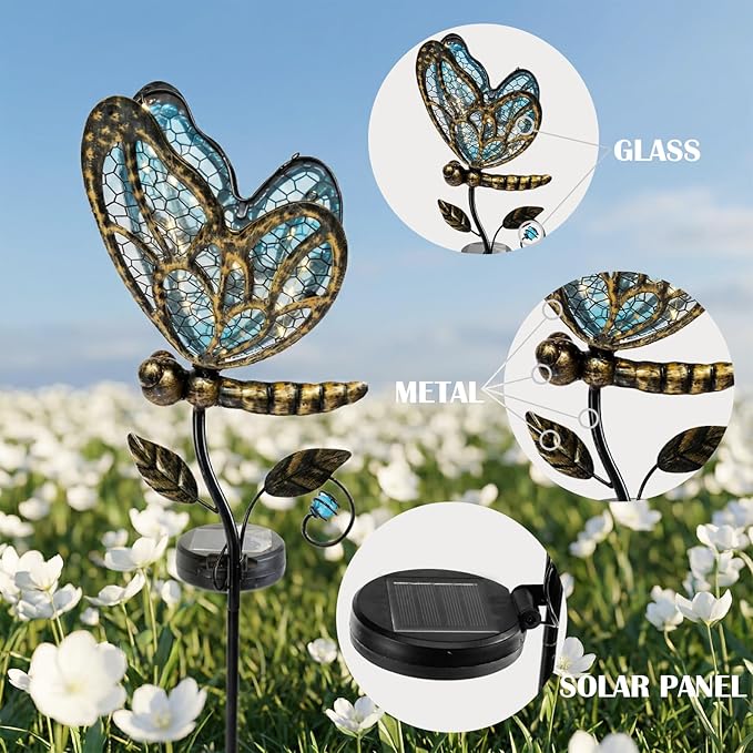 Decorative Outdoor Solar Butterfly Lights,Warm LED Handcrafted Blue Glass Stakes, 36 Inch Tall, Auto On-Off for Up to 8 Hours Glow, Waterproof Yard Patio Ornaments