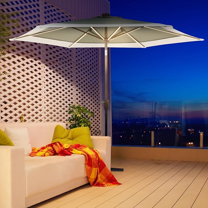 JONATHAN Y Spencer 9 ft. Solar Powered LED Patio Umbrella with Crank and Tilt, Hexagon Outdoor Market Sunshade for Garden, Deck and Pool, Green/White, Dark Brown Pole UMB1100E