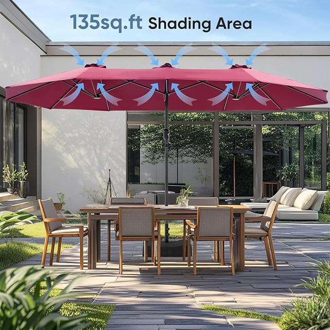 DUMOS 15FT Extra Large Patio Umbrella with Base Included, Rectangle Table Umbrella Outdoor Patio, 12 Sturdy Ribs Triple Head Canopy Outside Umbrellas for Deck, Backyard and Poolside,Garden, Red