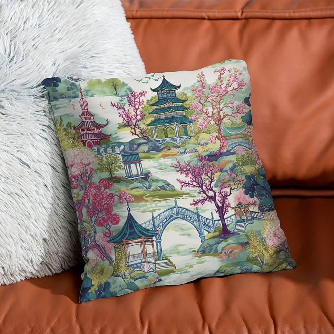 Cushion Cases Chinoiserie Pagoda White Coral Blue Asian Pillowcase Abstract Chinoiserie Chic Asian Pillow Cover Accent Decorative Cushion Covers Home Decor for Patio Garden Chairs 22x22 in
