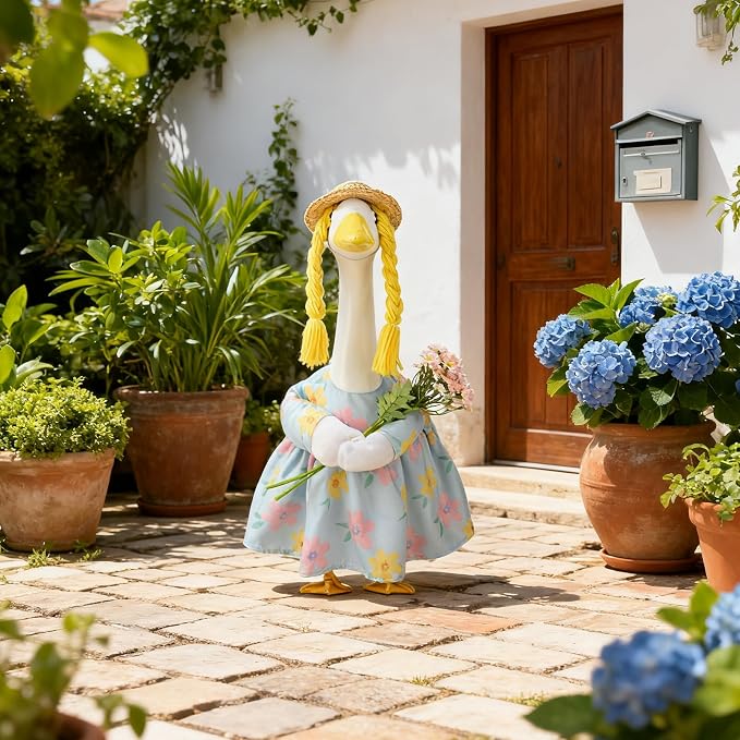 Spring Porch Goose Outfit, 23 Inch Floral Dress with Straw Hat and Braided Hair, Cute Goose Statue Clothes for Outdoor Lawn Garden Decor, Funny Farmhouse Porch Decoration