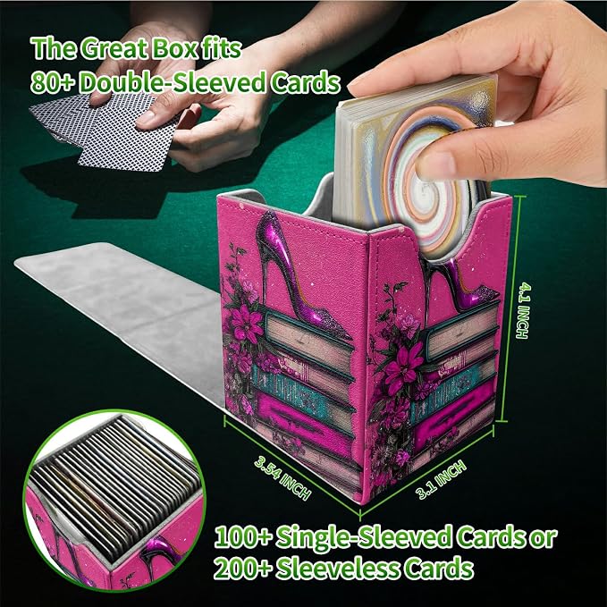 Deck Box for MTG, Cards Storage Box Fits 120+ Sleeved, Leather Medium Size Strong Magnetic Closing Card Case for Board Games Magic TCG CCG Baseball Collection, Pink High Heels