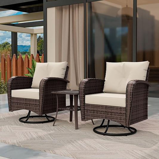 3 Piec Patio Bistro Set with 2 Rocking Chairs & Table, 360° Swivel PE Wicker Outdoor Furniture, Heavy-Duty Steel Frame,Weatherproof Cushions, Beige