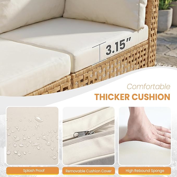 FHFO Patio Furniture Set, 7-Piece Wicker Patio Sectional Sofa Couch, Rattan Outdoor Conversation Set with Thick Cushion & Tempered Glass Coffee Table for Porch, Garden, Backyard (Yellow/Beige)