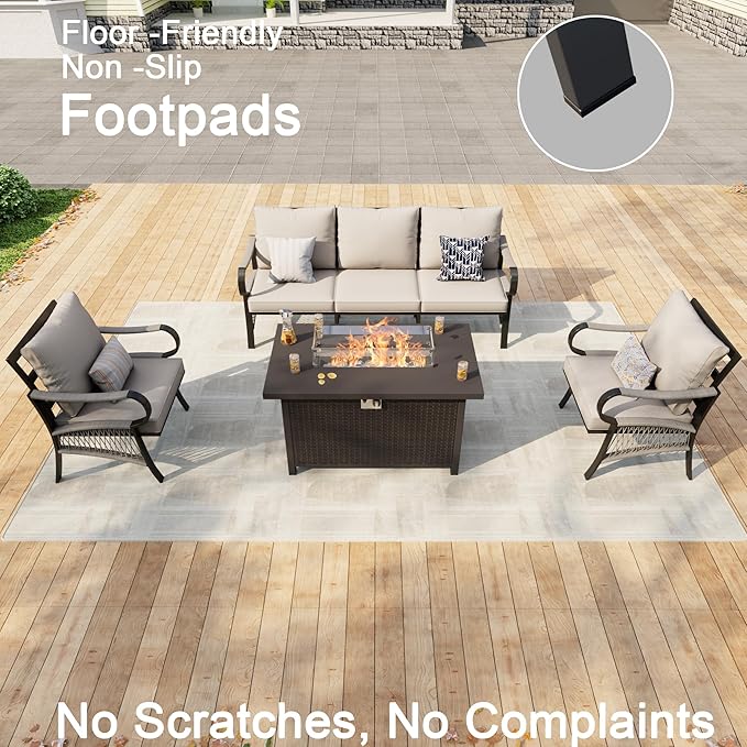 4 Pieces Patio Furniture Set, Metal Outdoor Conversation Sets with Fire Pit Table for Backyard Garden Deck Porch Poolside (Thick Beige Cushions)