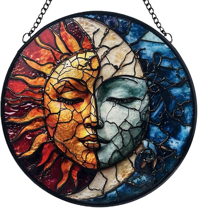 Sun and Moon Decor Suncatcher Stained Glass Window Hanging - Handmade Stained Glass Suncatchers Hanging Decoration with Metal Chain - Outdoor Garden Decor Gift for Women Christmas Thanksgiving Gifts