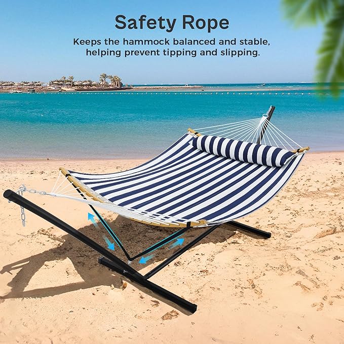 SUPERJARE Curved-Bar Hammock with Stand, 2 Person Heavy Duty Hammock Frame, Detachable Pillow & Portable Carrying Bag, Perfect for Outdoor & Indoor, Denim Blue with White Stripes
