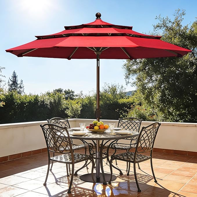 EliteShade USA 10-Year-Non-Fading 10ft 3-Tier Market Patio Umbrella, Commercial Grade Outdoor Table Umbrella with Crank Open, Windproof & UPF 50+ UV Protection, Heavy Duty Ventilation for Garden, Deck, Pool, Backyard, Beach & Bistro, Logo Red