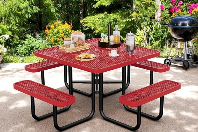 46" Square Picnic Table for Outside,Red Heavy Duty Metal Picnic Table Bench Set with 2in Umbrella Hole, 1600 lb Capacity,Commercial Dining Table Furniture for Garden Yard Patio Party Coffee Shop