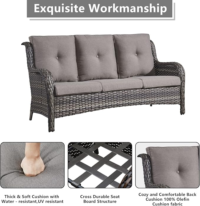 Rilyson 3 Piece Wicker Patio Furniture Set - Outdoor Rattan Patio Comversation Set with 1 Sofa and 2 Ottomans for Outside Porch Deck Garden(Mixed Grey/Grey)