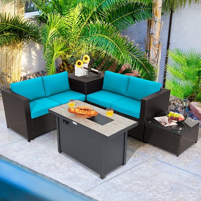Tangkula 5-Piece Patio Furniture Set with 42 Inches Propane Fire Pit Table, Outdoor Wicker Conversation Set with Cushions, Storage Box and Coffee Table, 60,000 BTU Propane Fire Pit Table (Turquoise)