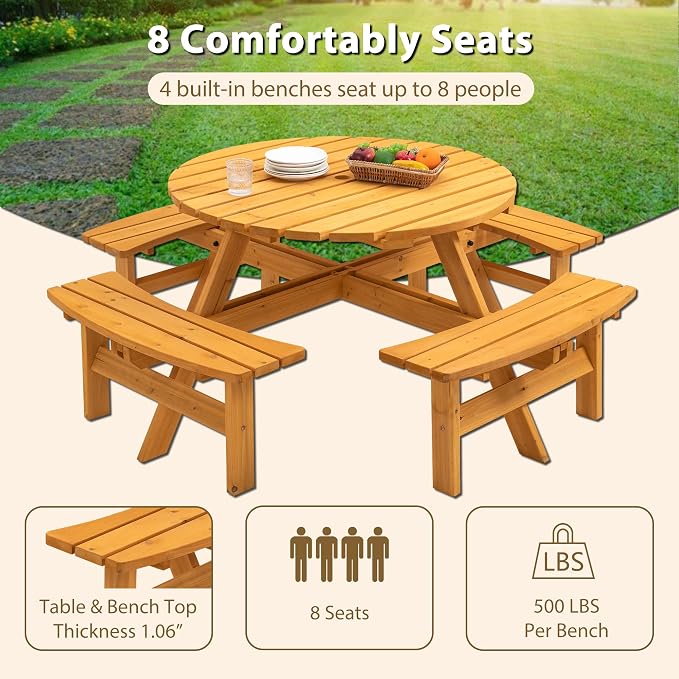 SSLine 8-Person Solid Wood Picnic Table Outdoor Round Picnic Table and Bench Set with Umbrella Hole Outside Wooden Table and Chairs Set for Patio Backyard Garden Lawn (Natural Brown)