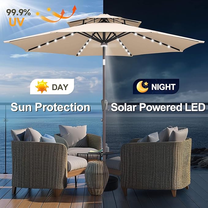FLAME&SHADE 2 Tiers 9ft Solar Light Patio Umbrella, 40 LED lights outdoor umbrella with Centre Surround Light, Table Market Umbrella for Deck, Pool, Porch, Backyard, Garden (Beige)