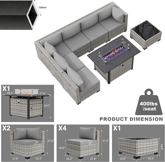 8-Piece Modern Patio Furniture Set with 55,000 BTU Fire Pit Table, Thick Cushions, Dual-Strand Wicker Rattan, Rust-Resistant Frame, Grey