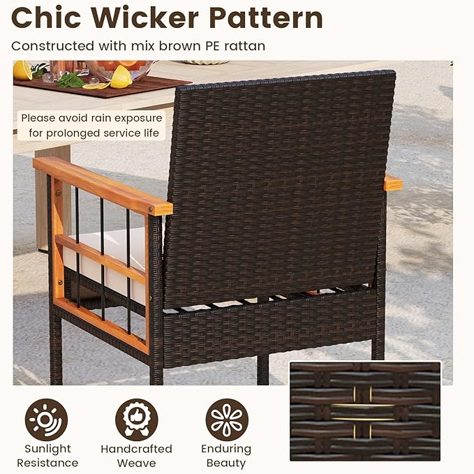 Tangkula 3 Piece Outdoor Wicker Conversation Furniture Set, Patio Rattan Cushioned Chair & Side Table Set with Acacia Wood Tabletop & Armrests, for Backyard, Porch, Balcony