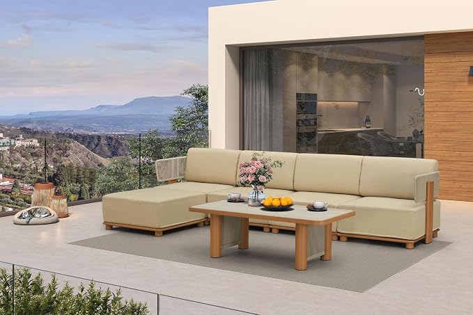 PURPLE LEAF Patio Furniture Set Modular L-Shaped Outdoor Sectional Sofa with 11" Thick Cushion 6-Piece Outdoor Conversation Set with Ottoman & Coffee Lights for Backyard Poolside Table Included, Beige