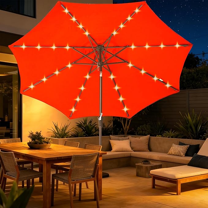 9FT Solar-Powered LED Patio Umbrella with Tilt Crank,Outdoor Market Umbrella with 32 Lights,Sunshade for Deck, Garden and Pool