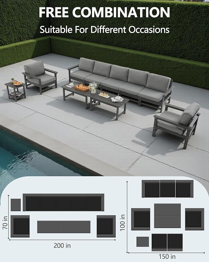 HDPE Outdoor Patio Furniture Set, 10-Piece Sofa Set with 5-Seat Couch, 2 Armchairs,Side Table & 2 Coffee Tables, Weatherproof Conversation Set with Cushions,for Garden, Porch & Backyard