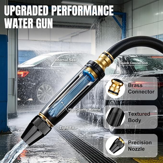 High-Pressure Water Hose Nozzle with Quick Connect Adapters, Metal Garden Hose Sprayer Nozzle, Pressure Washer Nozzle, Adjustable Water Gun for Car Wash, Lawn, Patio Cleaning