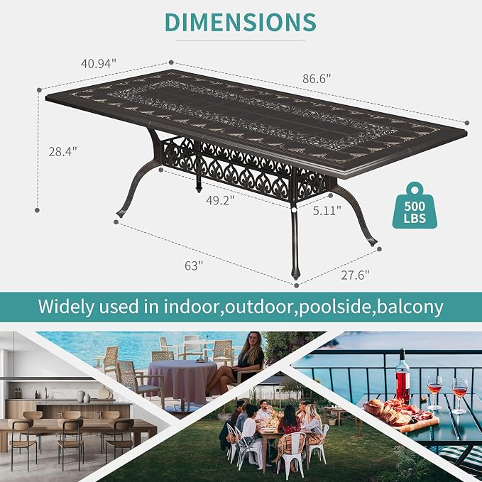 GarveeLife Cast Aluminum Outdoor Dining Table, 86.6 in Patio Dining Table with Adjustable Foot Pads for Garden, Backyard, Deck, Dark Bronze