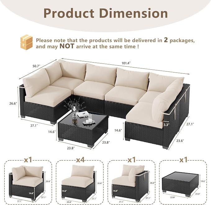 LOUVIXA 7 Piece Outdoor Patio Furniture Set, Outdoor Sectional Sofa, Wicker Rattan Patio Furniture, Patio Conversation Set with Coffee Table & Cushions