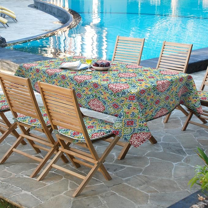 DYTXIII Outdoor Rectangle Tablecloth with Umbrella Hole and Zipper 84" x 60", Water Repellent Floral Picnic Cover, Fade & Wrinkle Resistant Tablecloth for Patio/Garden/Party Table, Damask Red