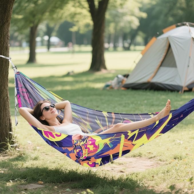 Cartoon Cat Graffiti Style Colorful 330lb Capacity Outdoor Hammocks with Portabl Carry Bag Rope Hammock for Patio Backyard Lounge Base hamaca con soporte para adultos