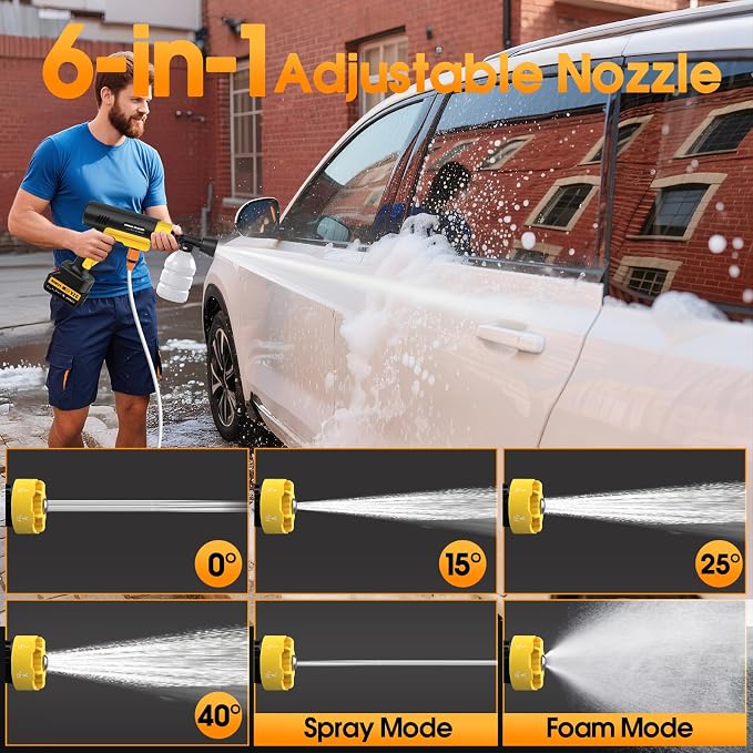 Cordless Pressure Washer Gun, 1885PSI Battery Operated Pressure Washer, Portable Power Washer with 3.0Ah Dual Batteries &Charger, 6-in-1 Nozzle Foam Cannon, for Vehicle, Driveway Deck