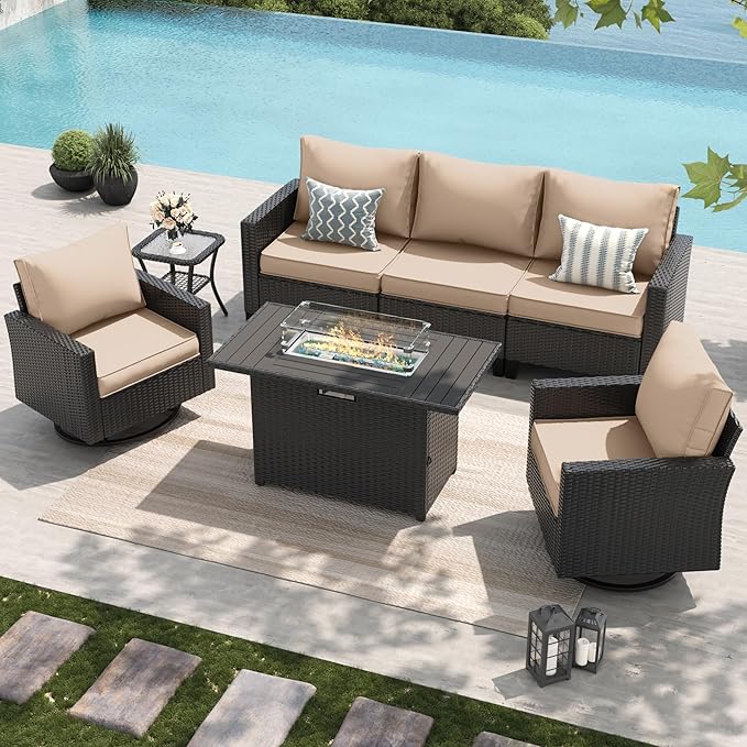 Amopatio Patio Furniture Set, 5-Piece Wicker Outdoor Sectional Sofa with Swivel Rocker Chairs, Rattan Conversation Set with Fire Pit Table and Waterproof Cover for Backyard Black/Khak