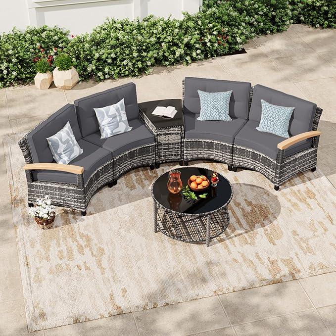 MEISSALIVVE 6-Piece Half-Moon Curved Outdoor Patio Furniture Set, Sectional Conversation Sofa with Wood Armrests, Coffee & Side Tables for Backyard Deck Garden, Grey