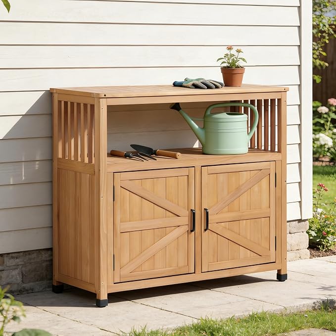 Wooden Patio Bar Table Set with Storage, Buffet Cabinet Sideboard for Outdoor and Indoor