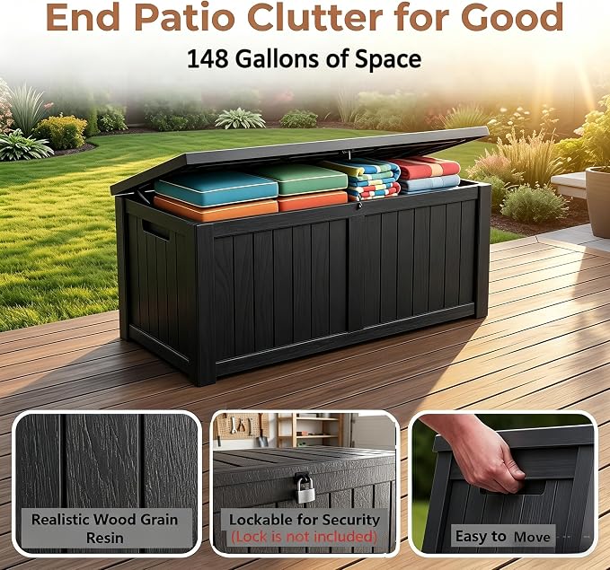 148 Gallon Resin Deck Box - Outdoor Storage Chest for Patio Furniture Cushions, Garden Tools, Pool Accessories & Backyard Organization Lockable Waterproof All-Weather Wood Grain Design, Easy Assembly
