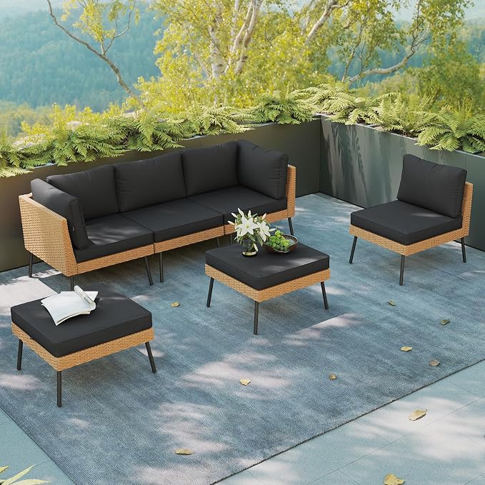 Aoxun 6 Piece Patio Furniture Set, 6 Seats Outdoor Sectional Sofas with Thick Cushion, Wicker Outdoor Patio Furniture Set with Ottomans for Party, Garden, Backyard, Black