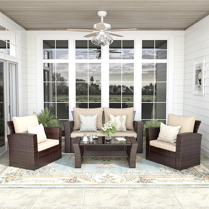 4-Piece Outdoor Patio Furniture Set, All Weather Wicker Rattan Sectional Sofa Conversation Seating Set with Cushions & Large Glass Coffee Table, Ideal for Garden Backyard Porch, Beige