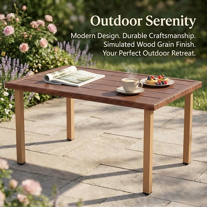 NestNook Outdoor Patio Coffee Table, Metal Center Table with Wood Grain Finish, Smooth Easy-Clean Surface, Adjustable Feet, All-Weather Iron Table for Backyard, Balcony, Porch