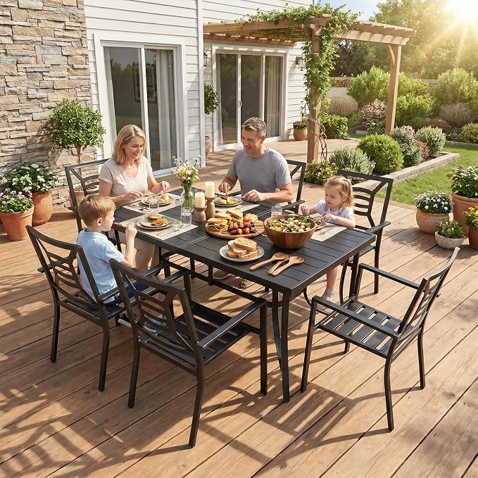 60" Outdoor Metal Patio Dining Table, Rectangular Steel Slat Table with Umbrella Hole, Modern Weather-Resistant Garden Table for 6 People, Backyard, Deck, Black