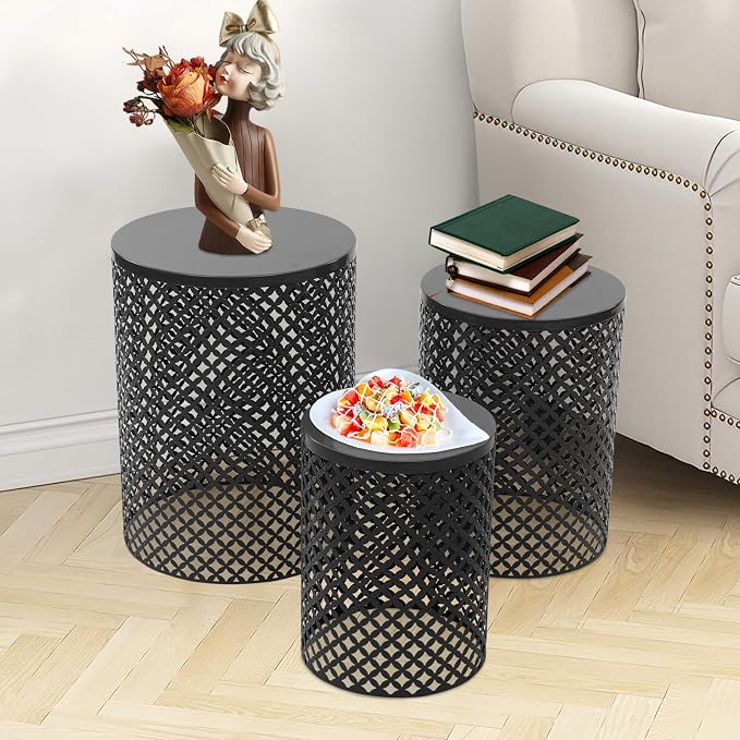 3-Pack Modern Metal Cylindrical Side Table for Outdoor & Indoor Use, Accent End Table Set for Garden Patio Deck Poolside, Iron Nesting Tables with Openwork Floral Pattern, 14.57x19.29in (Black)
