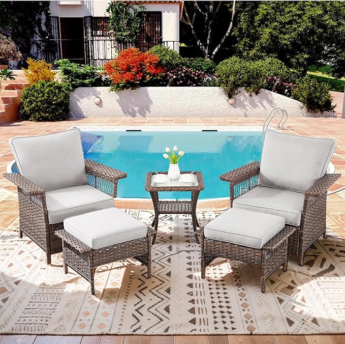 Outdoor Wicker Patio Furniture Set - 5 Piece Rattan Patio Conversation Sets with 2 Armrest Chairs,2 Ottomans and 1 Side Table for Porch Deck Garden(Brown/Beige)