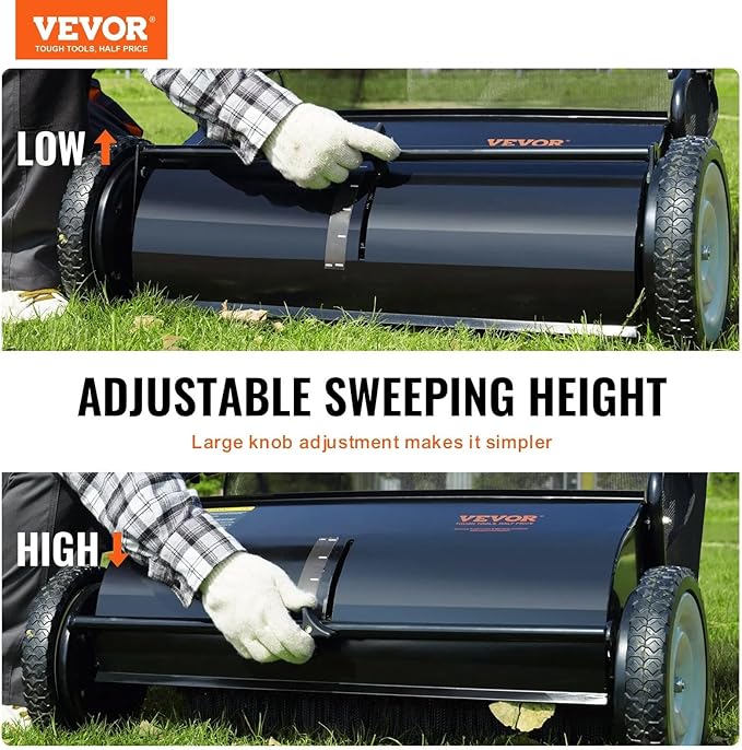 26 Inch Lawn Sweeper Push Hand Powered for Leaves, Grass Clippings & Yard Debris, 4 High-Speed Brushes & Large 7 cu ft Hopper Bag | Adjustable Height, ABS+Steel Frame (26 Inch Black2)