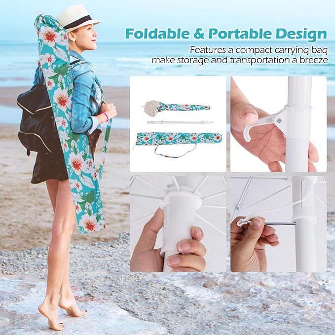 6.5 FT Outdoor Fringe Umbrella, UV 50+ Protection Boho Umbrella with Sand Anchor, Tilt Sun Shelter& 8 Ribs, Portable Beach Umbrella with Carry Bag, Vintage Patio Umbrella for Deck Poolside
