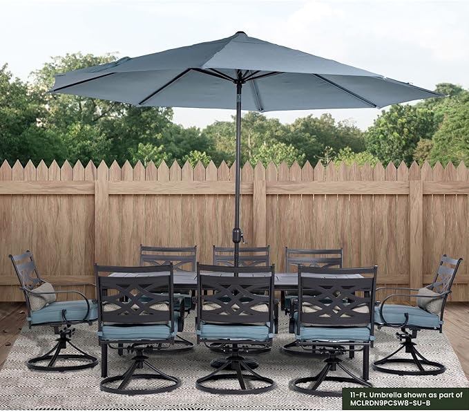 Hanover Montclair 11' Market Outdoor Umbrella, All-Weather, Crank Lever, Ocean Blue