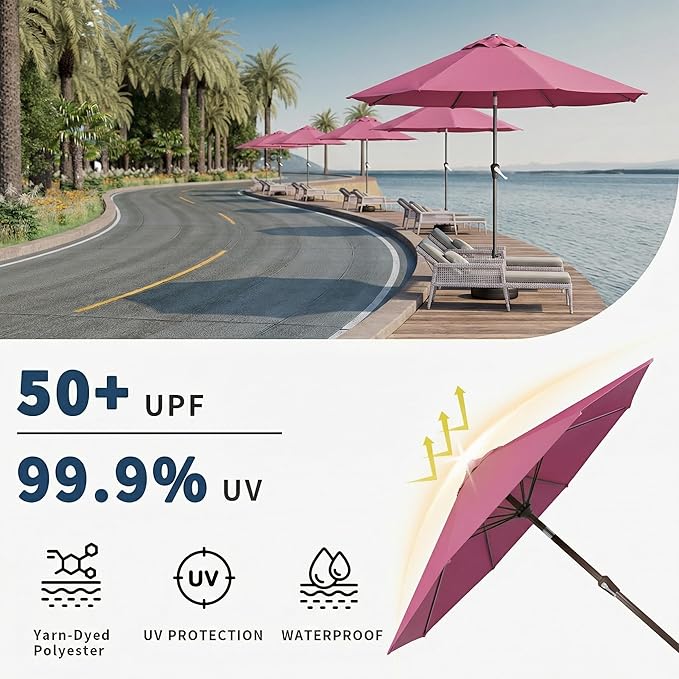 10FT Patio Umbrella Outdoor Market Umbrella with Crank and Tilt, 8 Flexible Fiberglass Ribs, UV-Resistant Waterproof Canopy for Patio, Deck, Garden, Backyard, Rose Pink