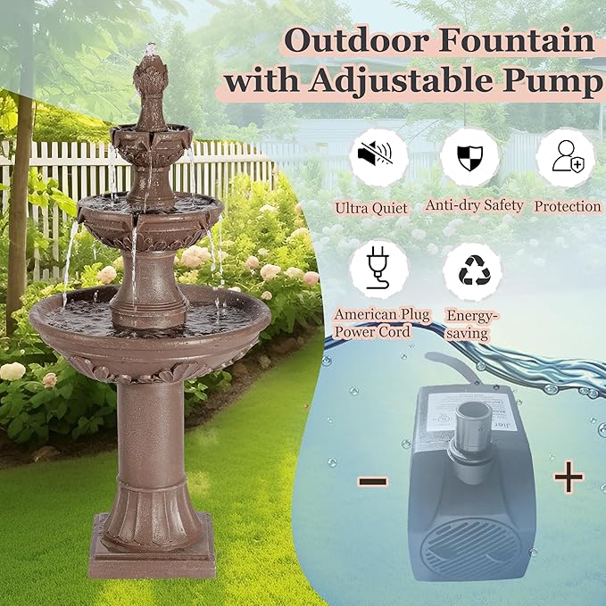 MAGIC UNION Outdoor Garden Water Fountains, 48.4''H Italian Style Fountain and Waterfall Outside, 3-Tier Large Bubbler Cascading Indoor Floor Fountain Features with Pump for Home Yard Decor (Brown)
