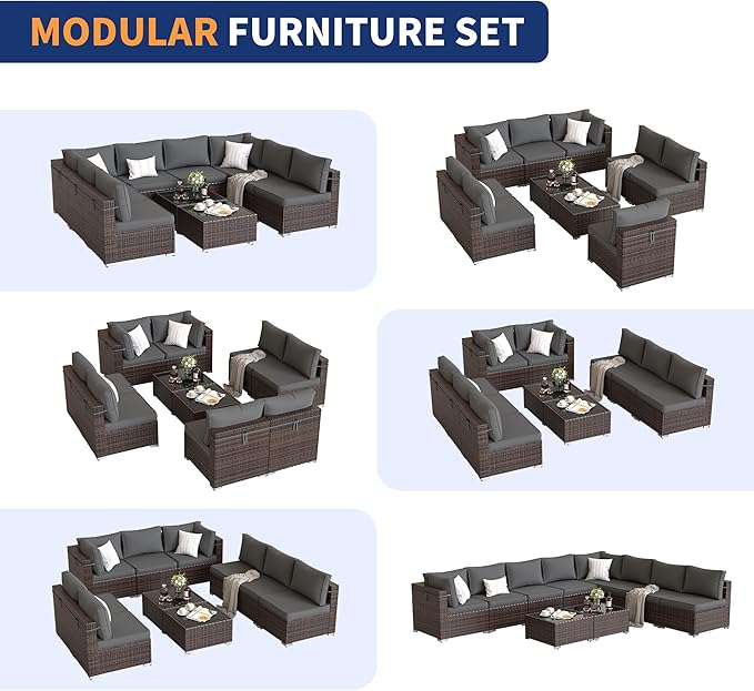 Patio Furniture Set, 10-Piece Outdoor Sectional with Waterproof Cover, All-Weather Wicker Patio Conversation Sets for Backyard (Brown with Grey Cushion)