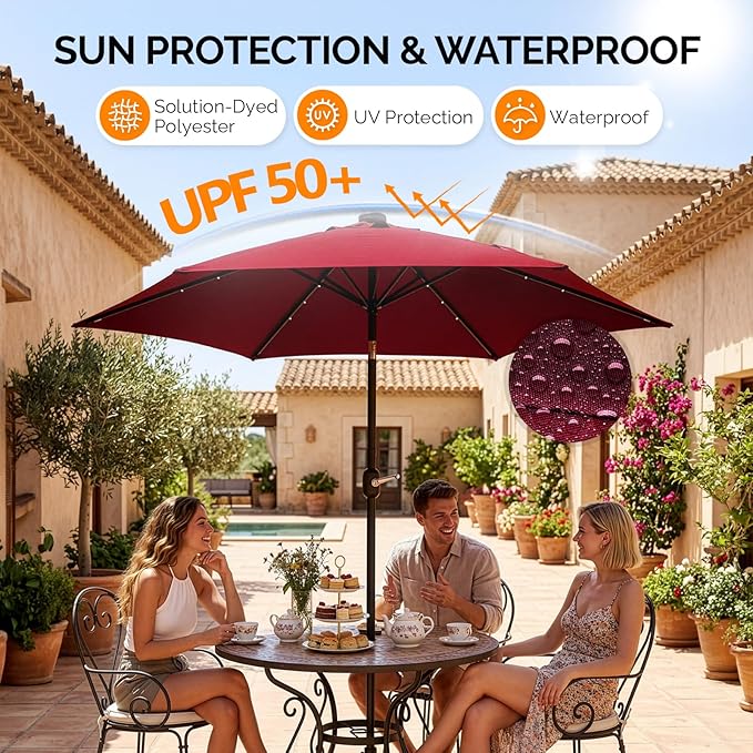 VINGLI 9FT Patio Umbrella with Solar Lights, Outdoor Umbrella with Push Button Tilt and Crank, Umbrella Outdoor Patio for Patio, Deck, Backyard, Pool