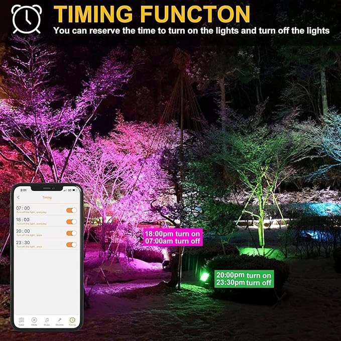 LED Flood Lights RGB Color Changing 300W Equivalent Outdoor, 30W Bluetooth Smart RGB Floodlight APP Control, IP66 Waterproof, Timing, 2700K&16 Million Colors 23 Modes for Garden Stage Lighting 2 Pack